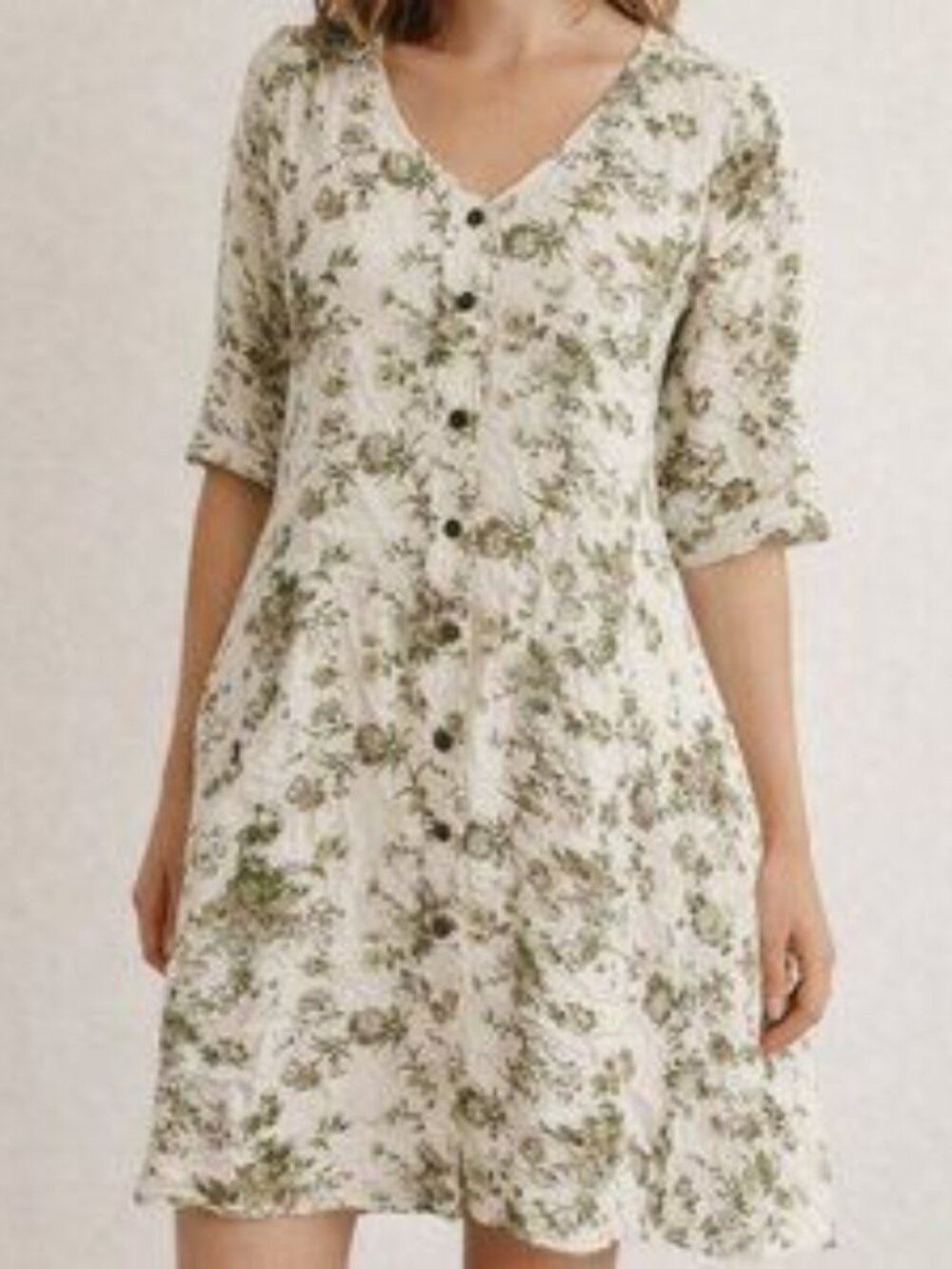April Cornell Floral Button Front Dress in Cream Olive Size L